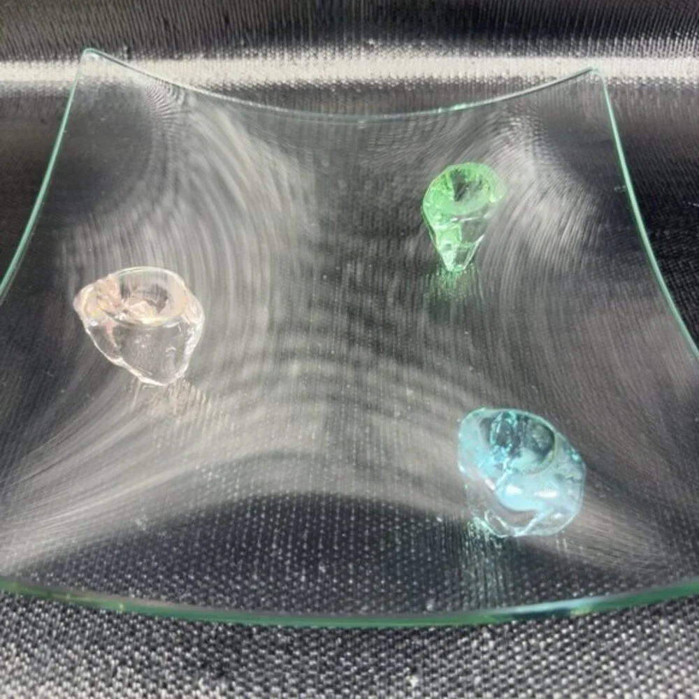 Memphis Square Curved Art Glass Dish Centerpiece Tray Multicolor Gem Feet Dish‎